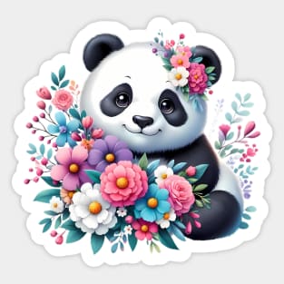 A panda decorated with beautiful colorful flowers. Sticker